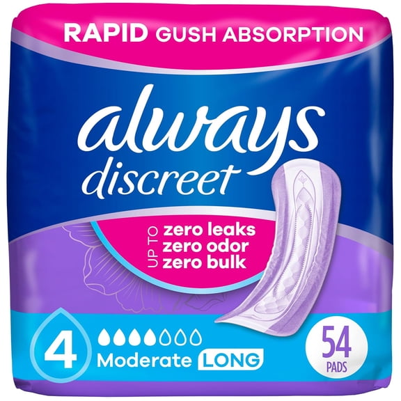 Always Discreet, Incontinence Pads, Moderate, Long Length, 54 Count (Packaging May Vary)