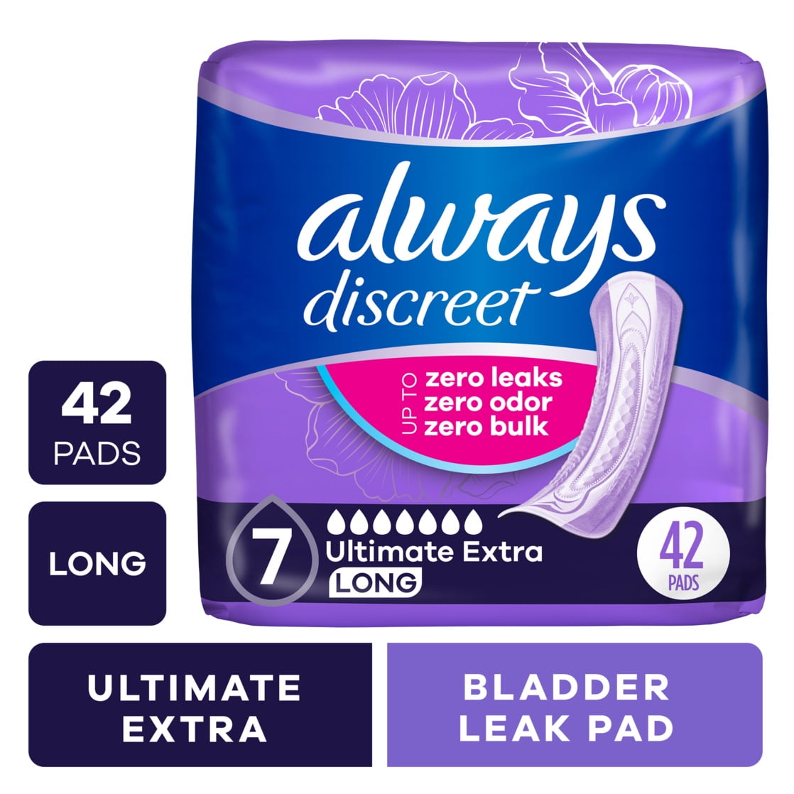 Always Discreet Adult Incontinence Pads for Women, Ultimate Extra Absorbency, Long Length, Postpartum Pads, 42 Count