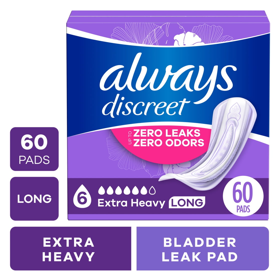 Always Discreet Adult Incontinence Pads for Women, Extra Heavy Absorbency, Long Length, Postpartum Pads, 60 Count