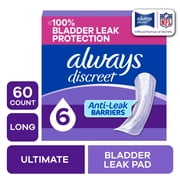 Always Discreet Adult Incontinence Pads for Women, Ultimate Absorbency, Long Length, Postpartum Pads, 60 Count
