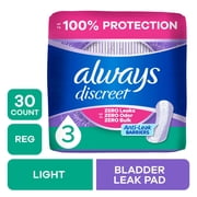 Always Discreet Incontinence Pads for Women, Light Absorbency, Regular Length, Postpartum Pads, 30 Count