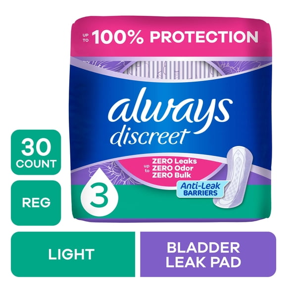 Always Discreet Incontinence Pads for Women, Light Absorbency, Regular Length, Postpartum Pads, 30 Count