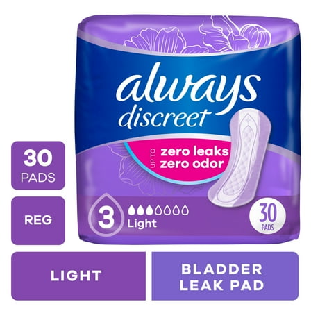 Always Discreet Adult Incontinence Pads for Women, Light Absorbency, Regular Length, Postpartum Pads, 30 Count