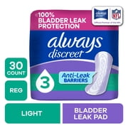 Always Discreet Incontinence Pads for Women, Light Absorbency, Regular Length, Postpartum Pads, 30 Count