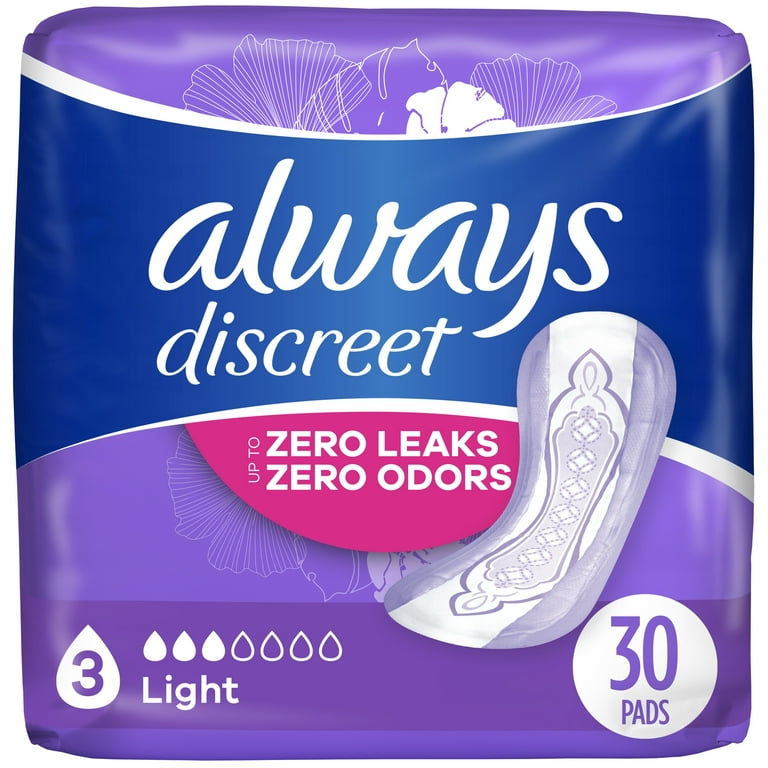 https://i5.walmartimages.com/seo/Always-Discreet-Incontinence-Pads-for-Women-Light-30-Count_ce9c58fa-0461-4534-95fb-043345bd2811.a69d46ccc9ab7c27c57171b34f745902.jpeg?odnHeight=768&odnWidth=768&odnBg=FFFFFF