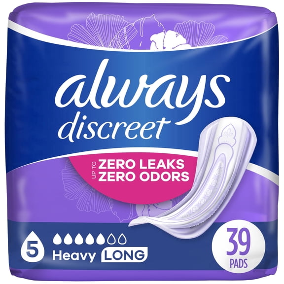 Always Discreet, Incontinence Pads for Women, Maximum, Long Length (Packaging May vary), Purple, 39 Count