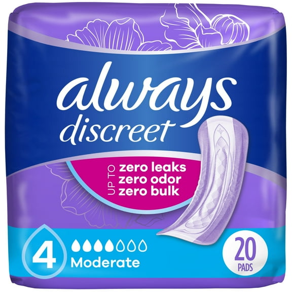 Always Discreet Adult Incontinence Pads for Women, Moderate Absorbency, Regular Length, Postpartum Pads, 20 Count