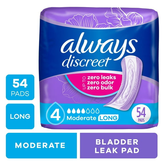 Always Discreet Adult Incontinence Pads for Women, Moderate Absorbency, Long Length, Postpartum Pads, 54 Count