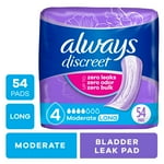 Always Discreet, Incontinence & Postpartum Pads For Women, Size 4, Moderate Absorbency, Long Length, 54 Count