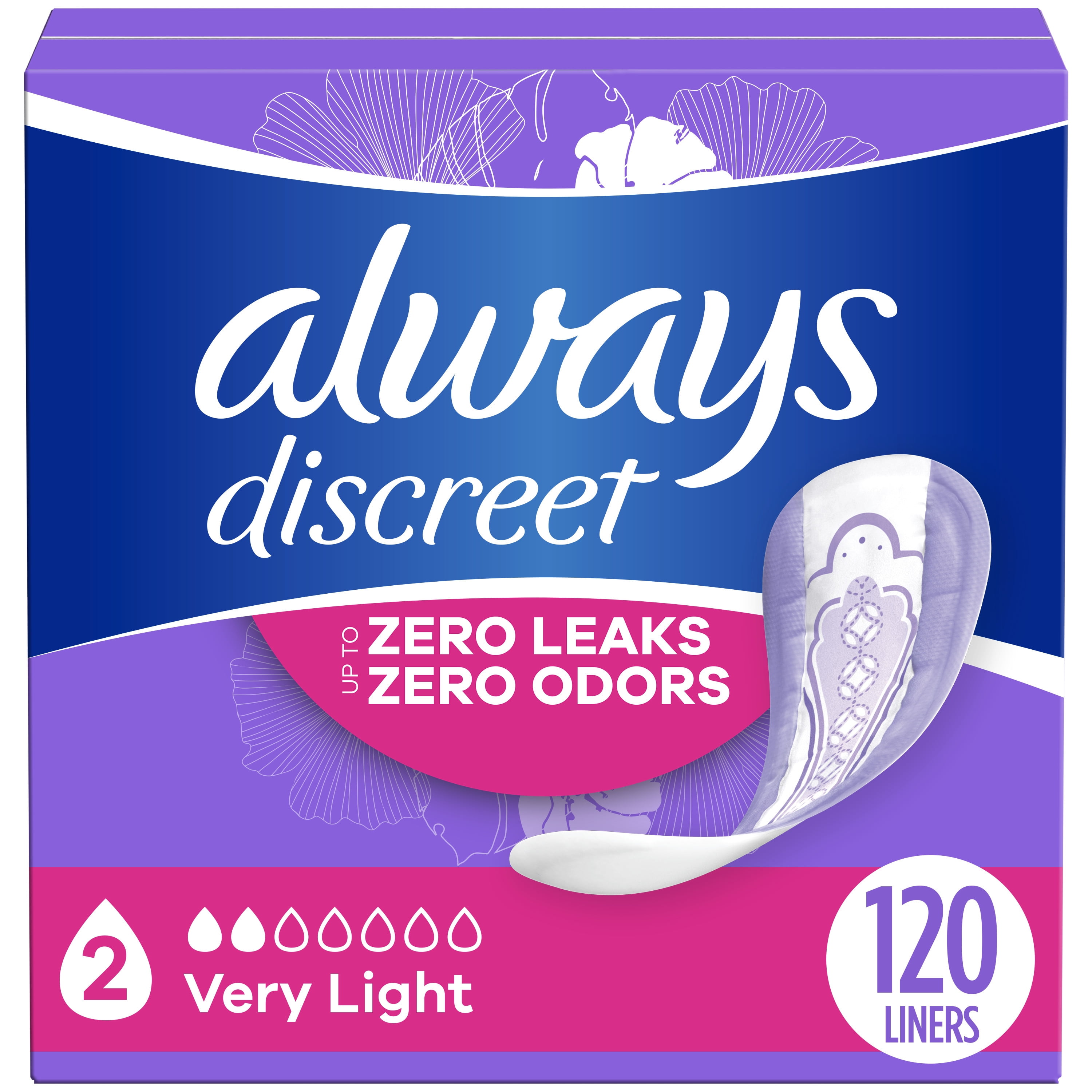 Always Discreet Incontinence Panty Liners, 2, Very Light, Lightly