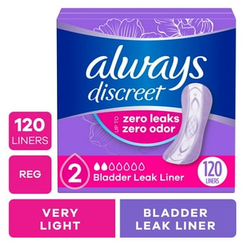 Always Discreet Incontinence Panty Liners for Bladder Leaks, Size 2, Very Light Absorbency, 120 count