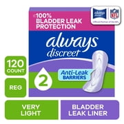 Always Discreet Incontinence Panty Liners for Bladder Leaks, Size 2, Very Light Absorbency, 120 count