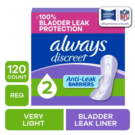 Always Discreet Incontinence Panty Liners for Bladder Leaks, Size 2, Very Light Absorbency, 120 count