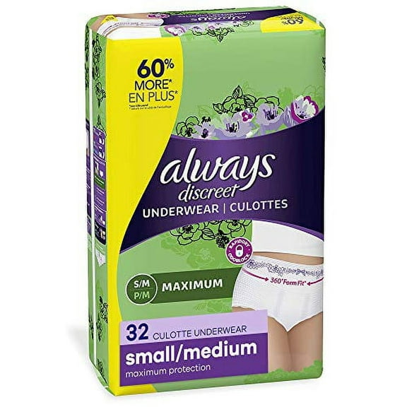 Always Discreet Incontinence & Postpartum Incontinence Underwear for Women, Small/Medium, Maximum Protection, 32 Count