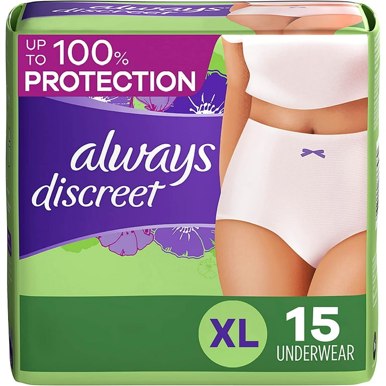 https://i5.walmartimages.com/seo/Always-Discreet-Incontinence-Postpartum-Underwear-For-Women-Classic-Cut-Size-Extra-Large-Maximum-Absorbency-Disposable-15-Count_9c5c8763-421e-431f-94e3-86980f49942f.6259dbb79129e393303752e9d89d38fe.jpeg?odnHeight=768&odnWidth=768&odnBg=FFFFFF