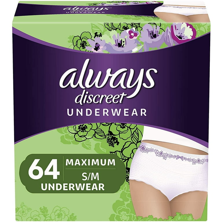 Always Discreet Incontinence & Postpartum Underwear for Women,  Small/Medium, 64 Count, Maximum Protection, Disposable (32 Count, Pack of  2-64 Count Total) 