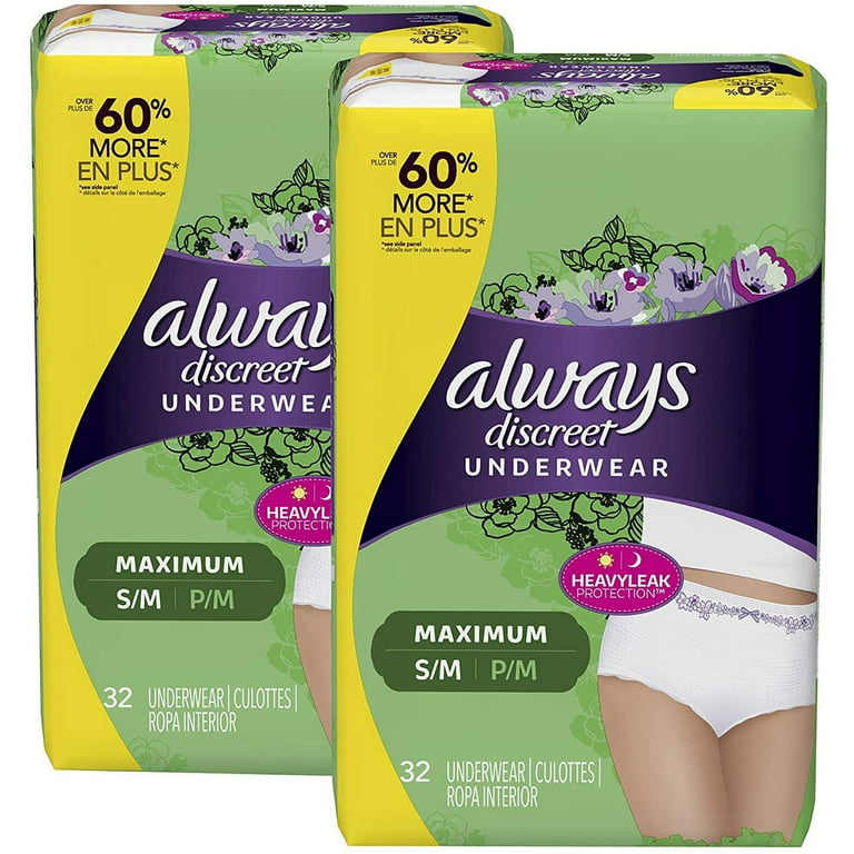 https://i5.walmartimages.com/seo/Always-Discreet-Incontinence-Postpartum-Underwear-Women-Small-Medium-Maximum-Protection-Disposable-32-Count-Pack-2-64-Count-Total_054414b6-aed8-49c6-be22-8d8fafc81b59.5c42b8db2390c12e8bc3a2b1c474a293.jpeg?odnHeight=768&odnWidth=768&odnBg=FFFFFF
