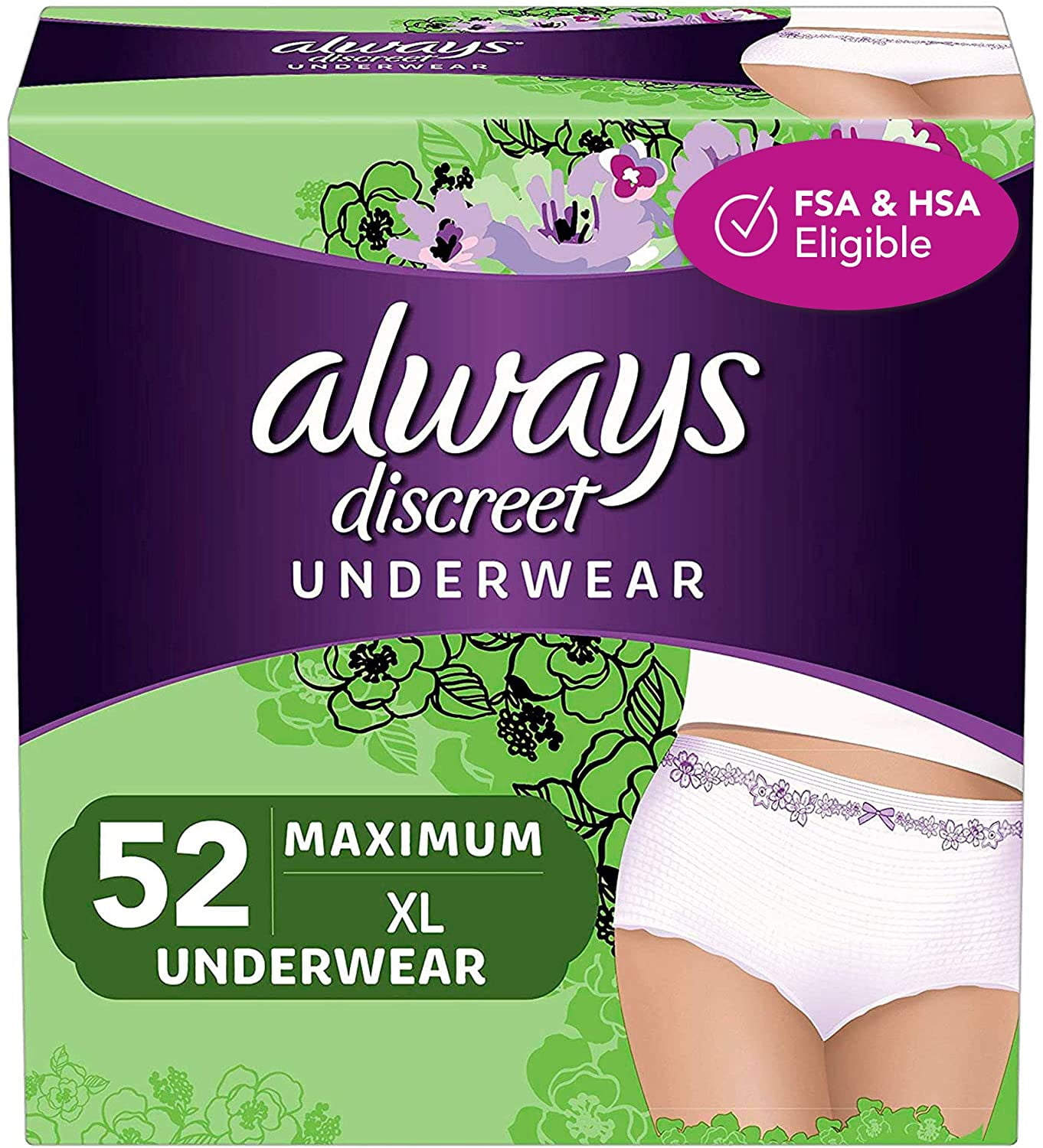 Always Discreet Incontinence & Postpartum Incontinence Underwear for Women,  X-Large, 52 Count, Maximum Protection, Disposable (26 Count, Pack of 2 - 52  Count Total), Packaging May Vary 