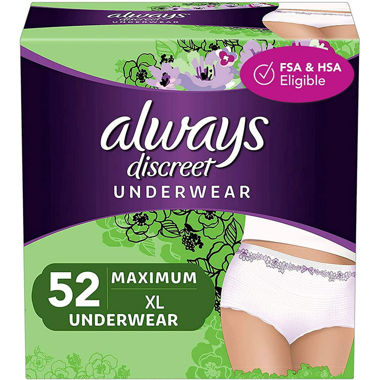 Always Discreet Incontinence & Postpartum Incontinence Underwear for Women,  X-Large, 52 Count, Maximum Protection, Disposable (26 Count, Pack of 2 