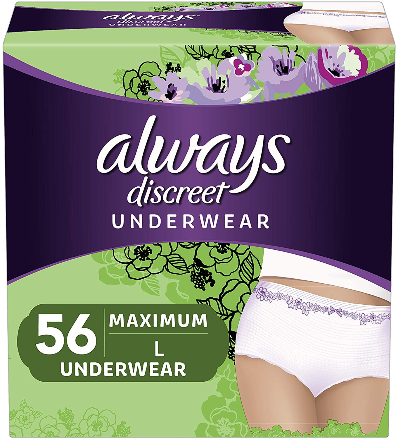 Always Discreet, Incontinence & Postpartum Underwear for Women, Maximum,  Large, 56 Counts 