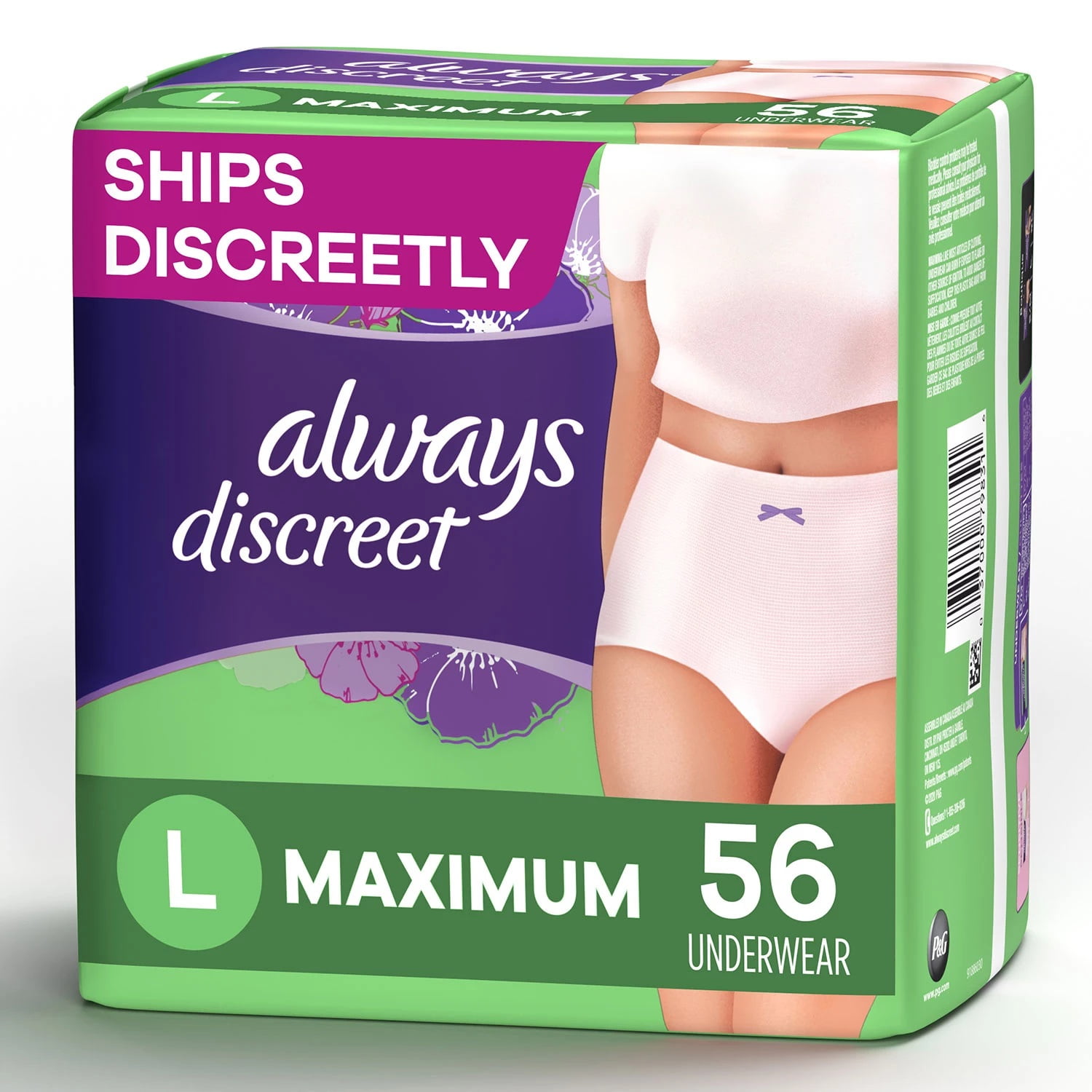 Always Discreet Incontinence & Postpartum Incontinence Underwear forWomen, Large, Maximum Protection, Disposable, 56 Count, White