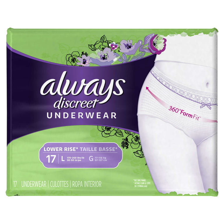 Always Discreet, Incontinence Underwear for Women, Low Rise, Moderate  Absorbency, Large, 17 Count 