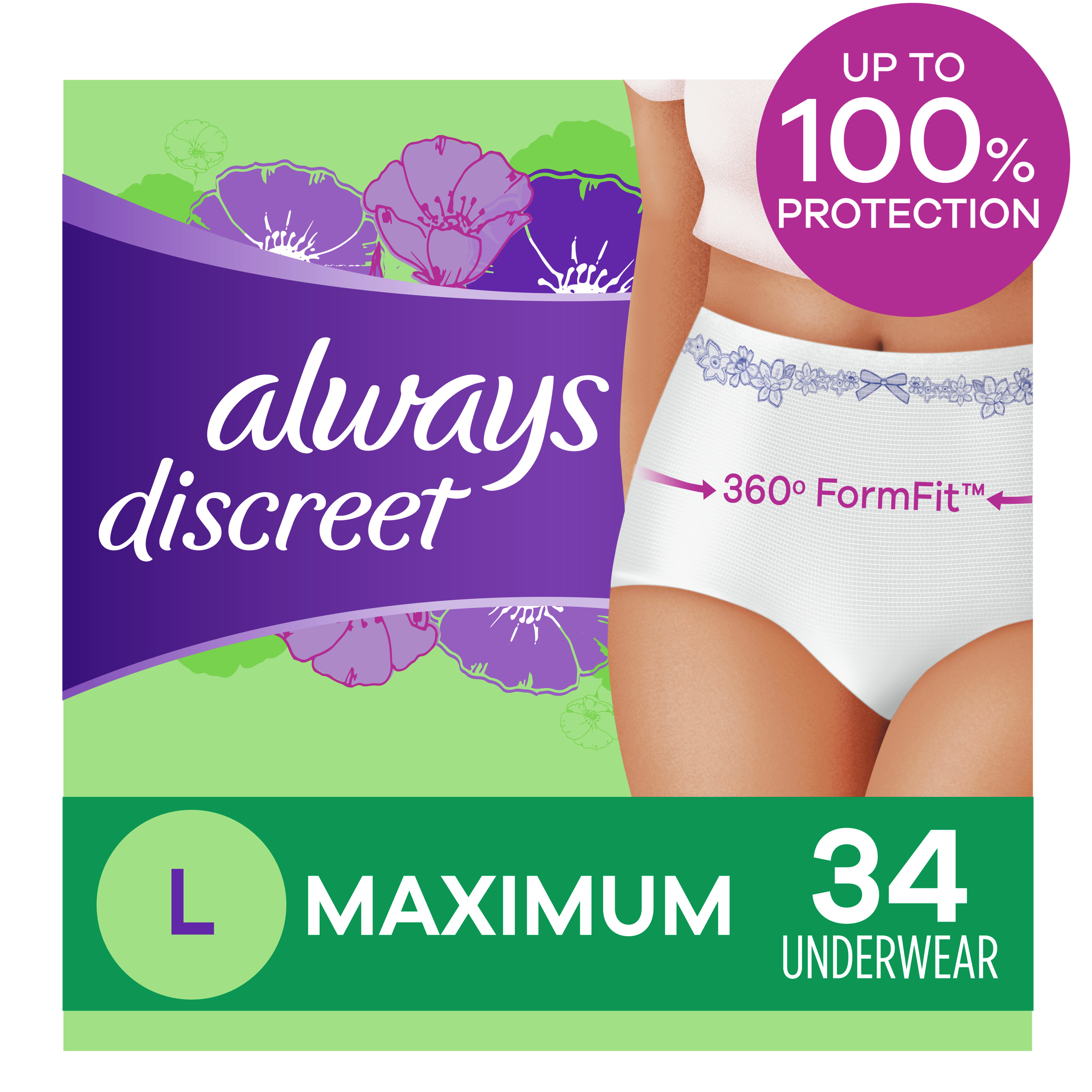 Always Discreet Womens Incontinence Underwear Maximum Absorbency Leakguard Design Size L 34 5460