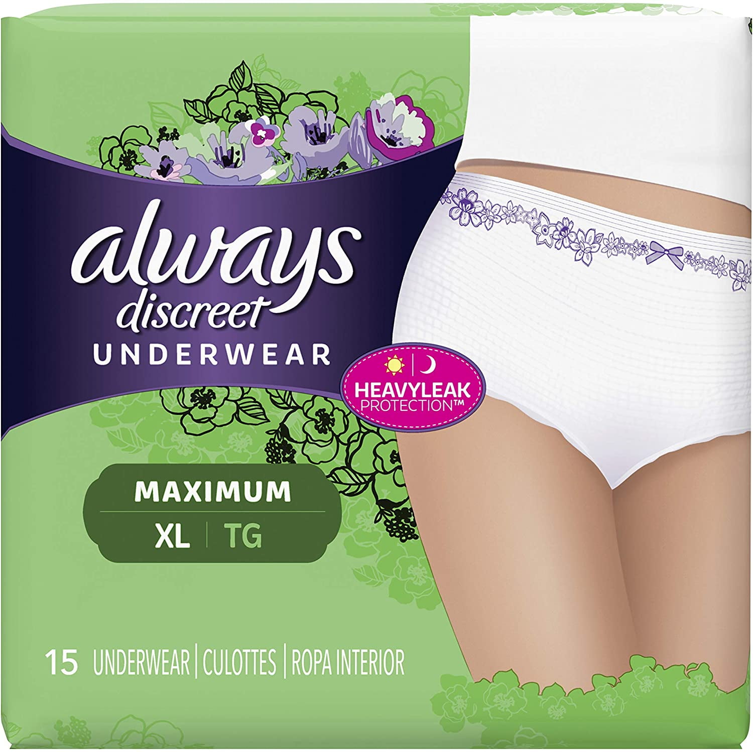 Always Discreet, Incontinence Underwear for Women, Maximum Classic Cut,Extra -Large, 15 Count 