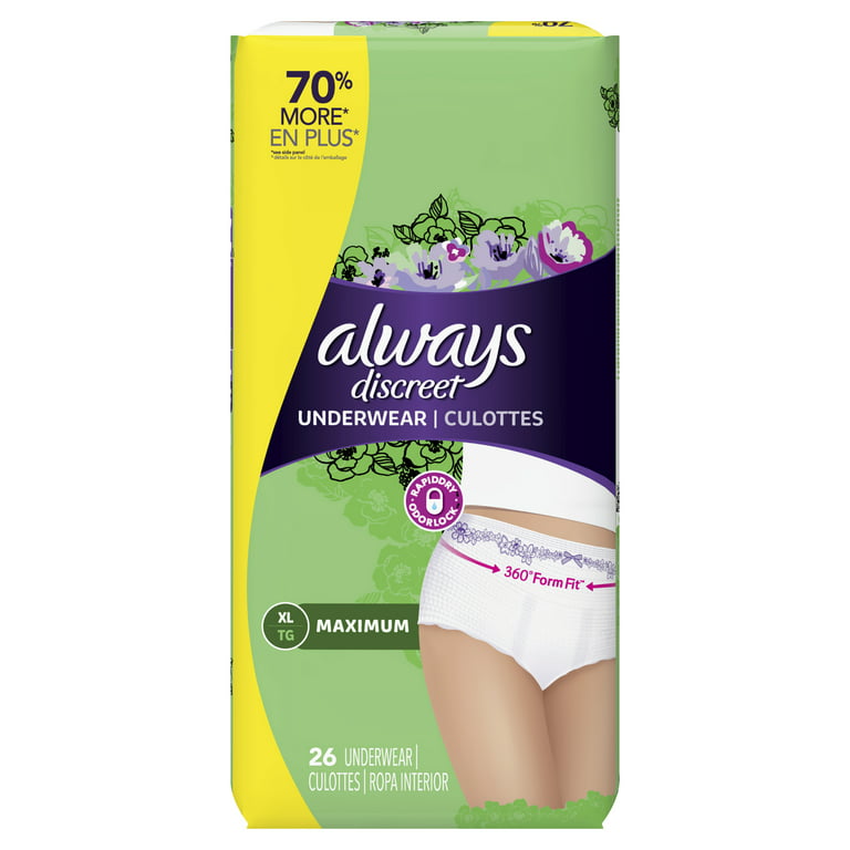 Always Discreet Incontinence Underwear for Women, Maximum, XL, 26 ct | 3  Packs of 26 ct - 78 counts total