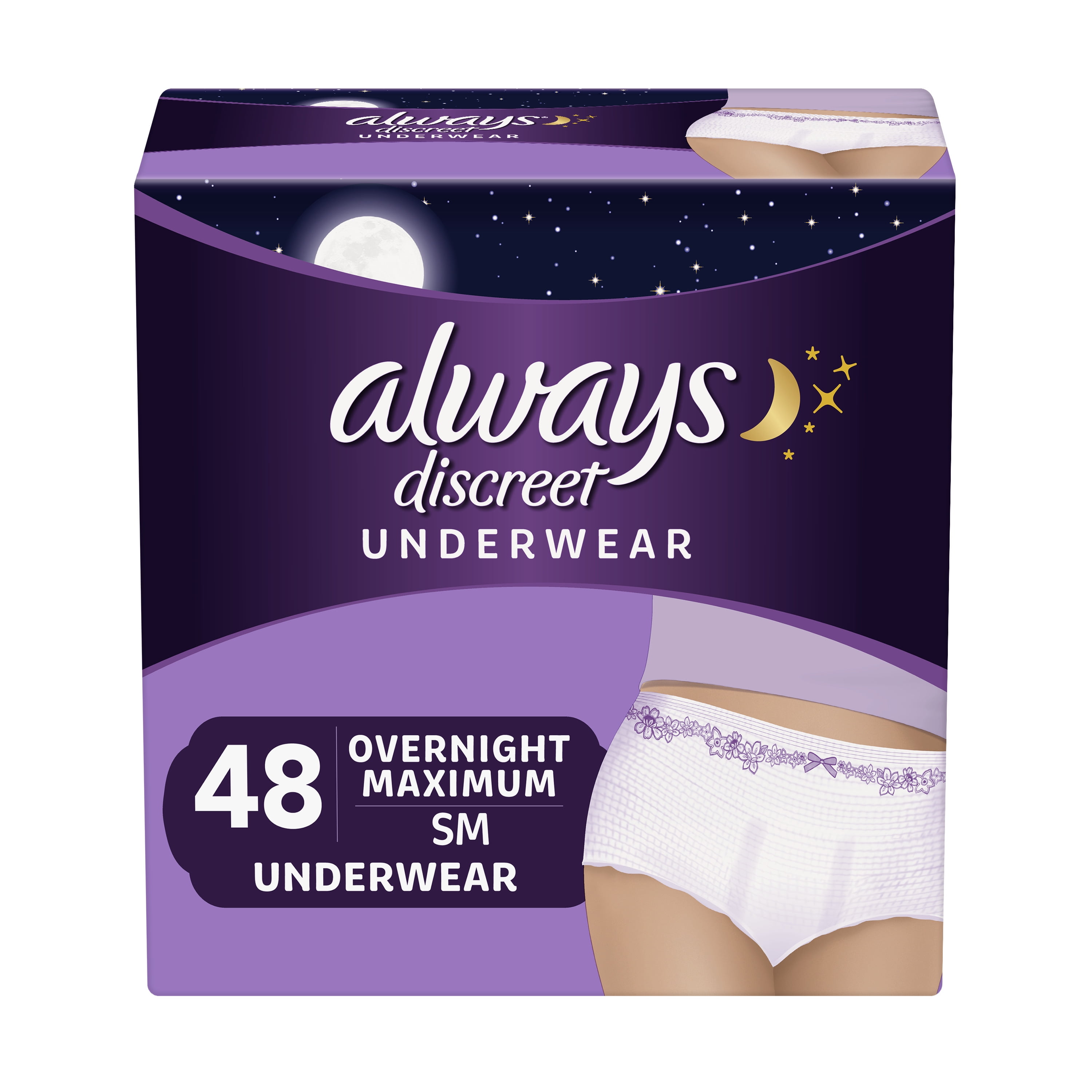 Always Discreet, Incontinence Underwear for Women, Overnight Maximum +,  Small / Medium, 48 Count 
