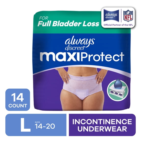 Always Discreet Adult Diapers for Women, MaxiProtect, Incontinence Underwear, Maximum Plus Absorbency, Size L, 14 Count