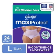 Always Discreet Adult Diapers for Women, MaxiProtect, Incontinence Underwear, Maximum Plus Absorbency, Size L, 24 Count