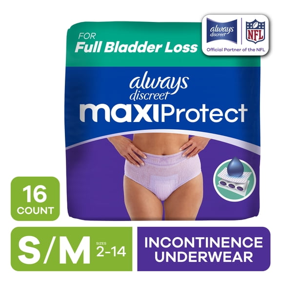Always Discreet Adult Diapers for Women, MaxiProtect, Incontinence Underwear, Maximum Plus Absorbency, Size S/M, 16 Count