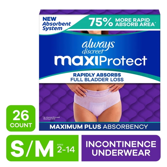 Always Discreet MaxiProtect, Adult Diapers for Women, Incontinence Underwear, Maximum Plus Absorbency, Size S/M, 26 Count
