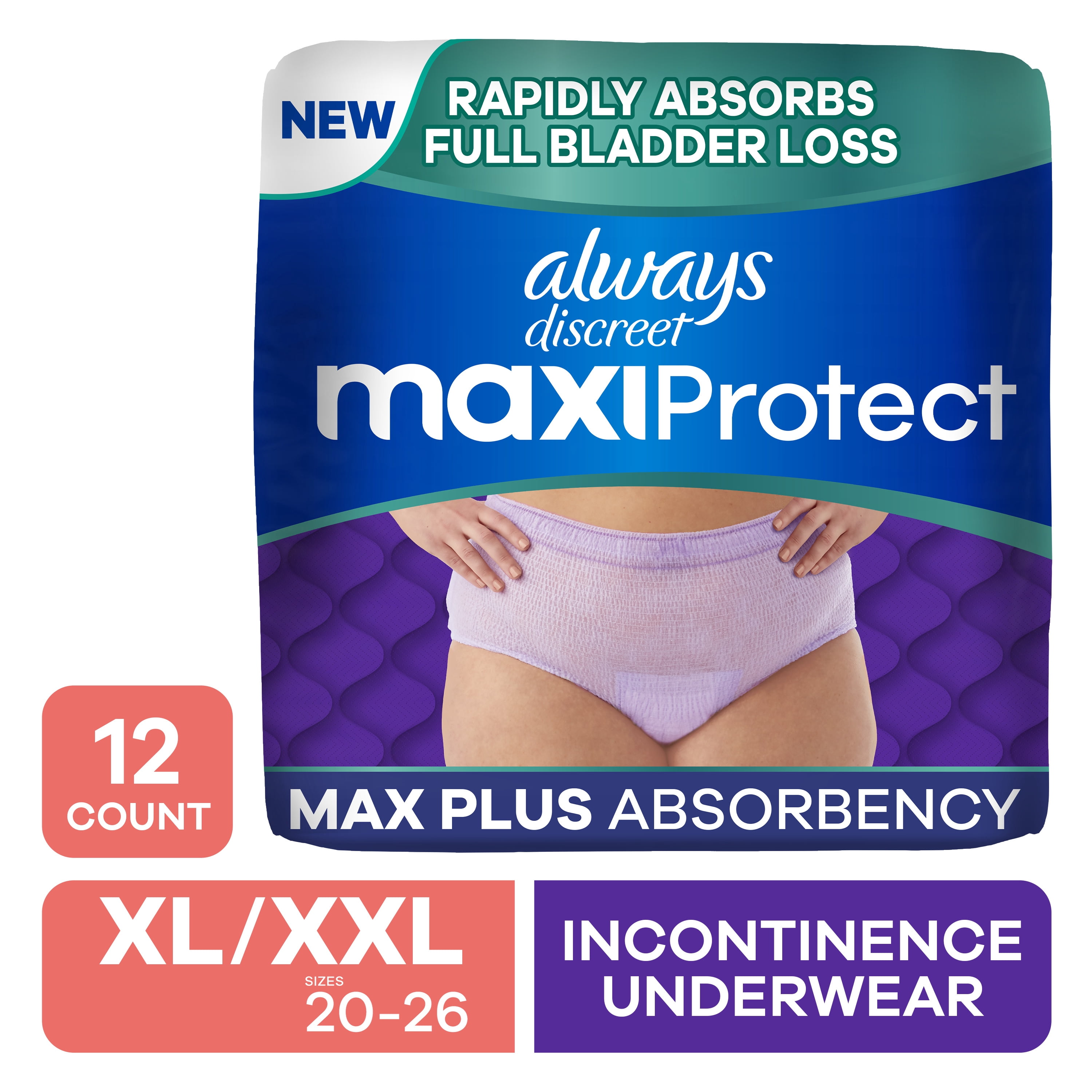 Always Discreet Adult Diapers for Women, MaxiProtect, Incontinence Underwear, Maximum Plus Absorbency, Size XL/XXL, 12 Count