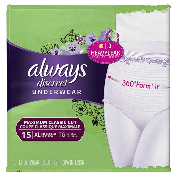 Always Discreet Maximum Absorbency Incontinence Underwear, XL, 4 packs of 15
