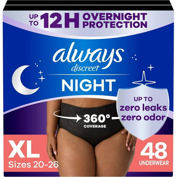Always Discreet Night Women's Incontinence Underwear, Black, Maximum, XL, 48 Count