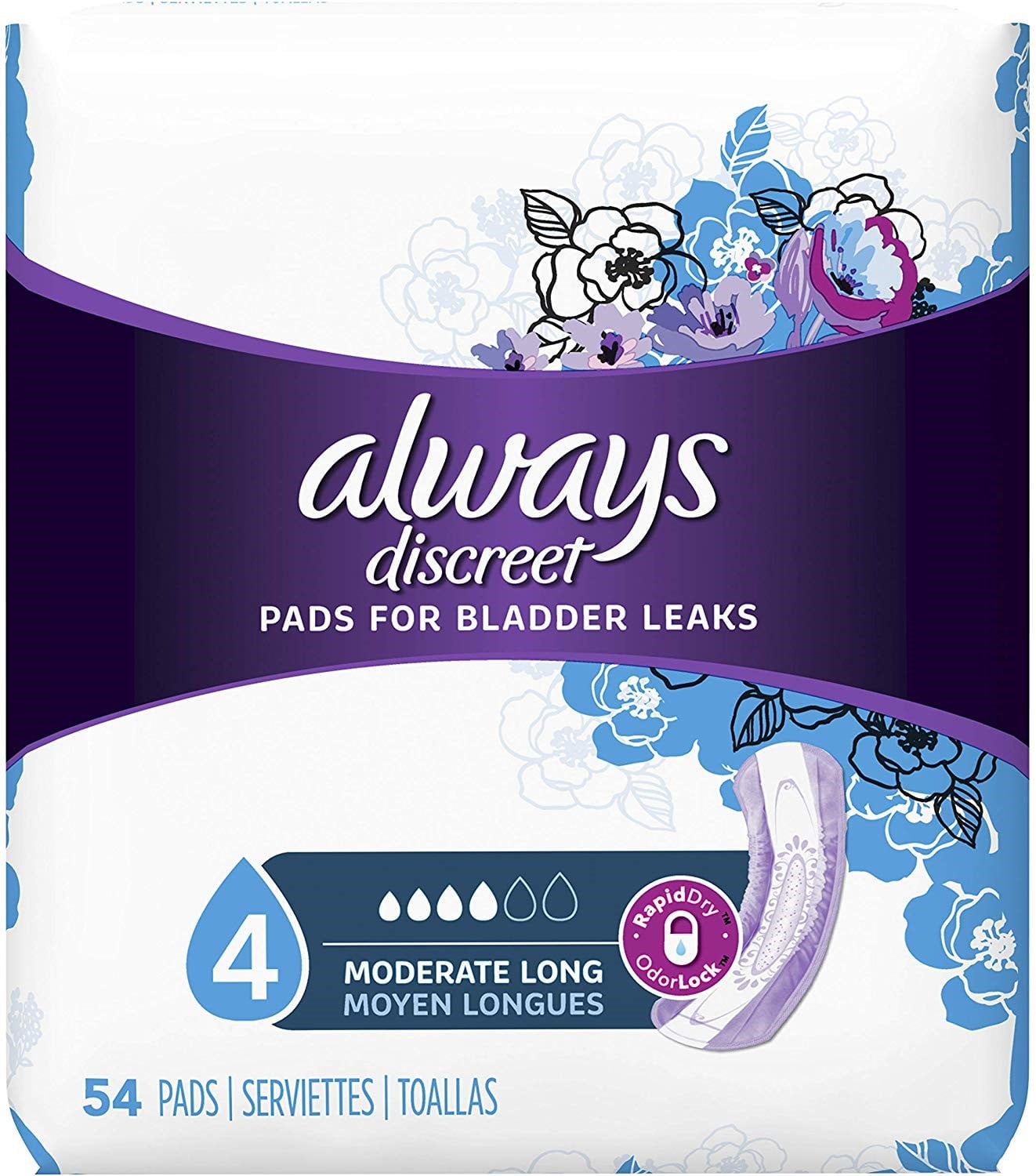 Always Discreet Pads, Bladder Protection, Long Length, Moderate Absorbency  54 ea 