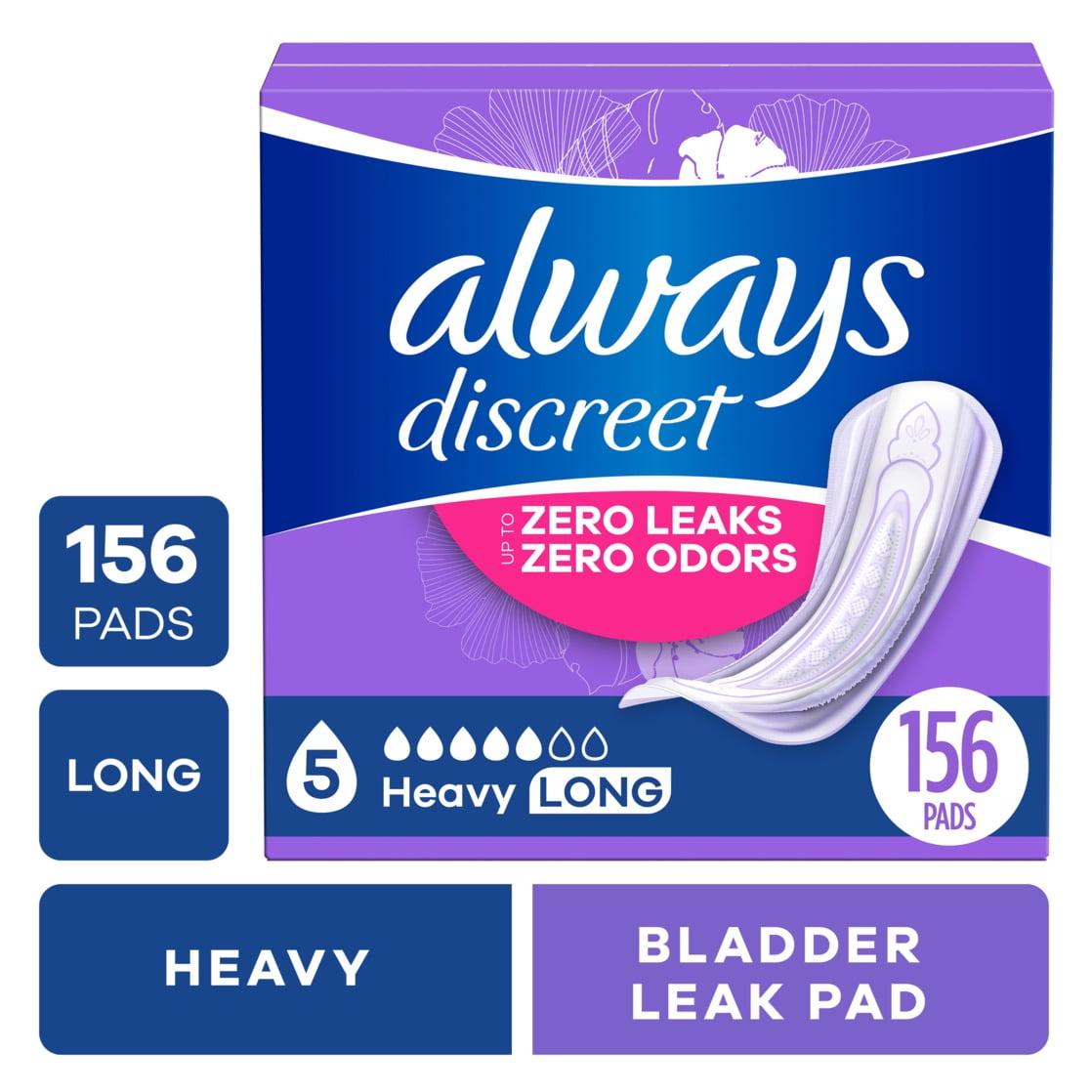 Always Discreet Adult Incontinence Pads for Women, Heavy Absorbency, Long Length, Postpartum Pads, 156 Count