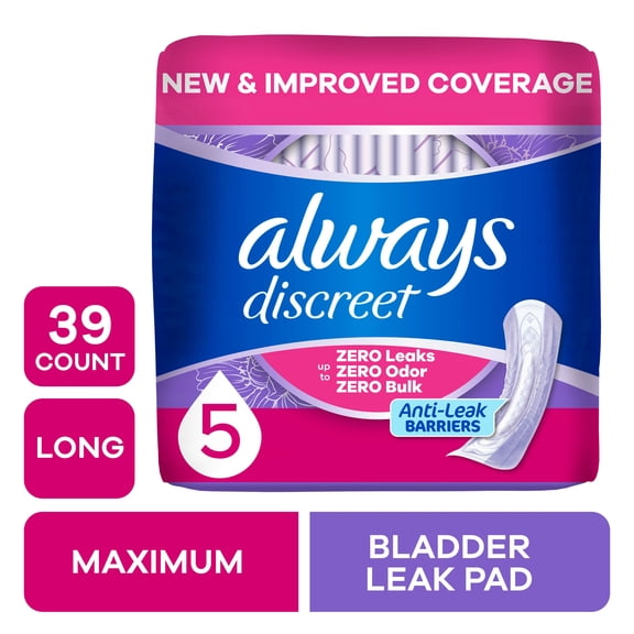 Always Discreet Pads, Maximum Absorbency, Long, 39 Count