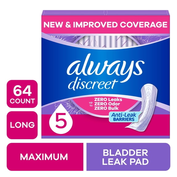 Always Discreet Pads, Maximum Absorbency, Long, 64 Count
