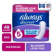 Always Discreet Incontinence Pads for Women, Maximum Absorbency, Regular Length, Postpartum Pads, 48 Count