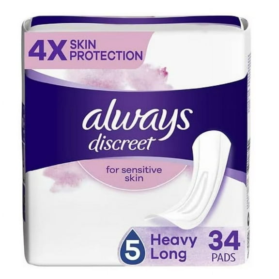 Always Discreet Pads for Sensitive Skin, Heavy Absorbency, Long Length - 34 Pads