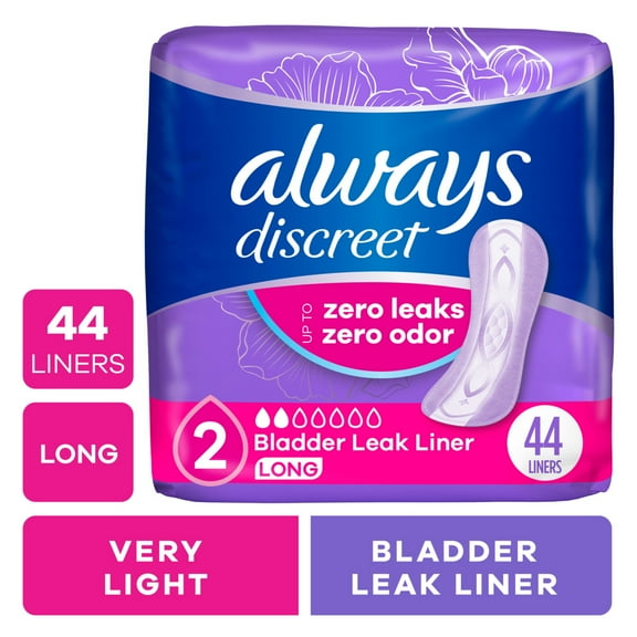 Always Discreet Incontinence Panty Liners for Bladder Leaks, Size 2, Very Light Absorbency, Long Length, 44 Count