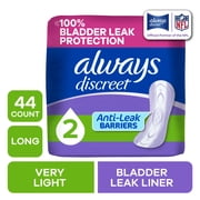 Always Discreet Incontinence Panty Liners for Bladder Leaks, Size 2, Very Light Absorbency, Long Length, 44 Count