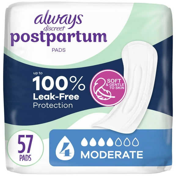 Always Discreet Postpartum Incontinence Pads, Moderate Absorbency, 57 CT