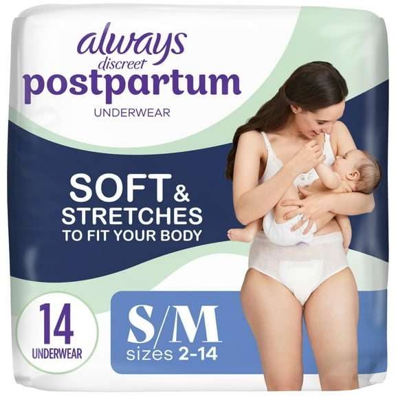 Always Discreet Postpartum and Adult Incontinence Underwear for Women, Size S/M, Maximum Protection, 14 CT