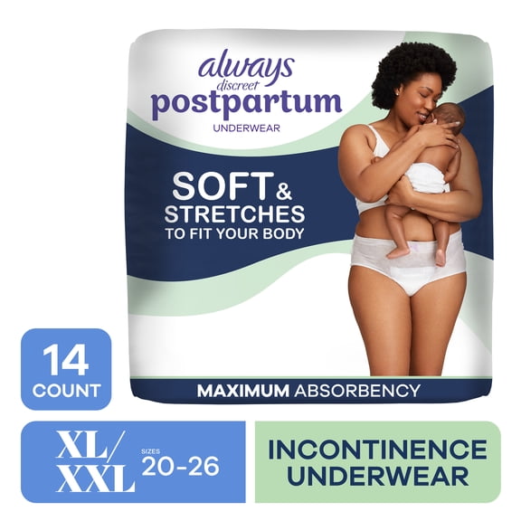 Always Discreet Postpartum and Adult Incontinence Underwear for Women, Size XL, Maximum Protection, 14 CT