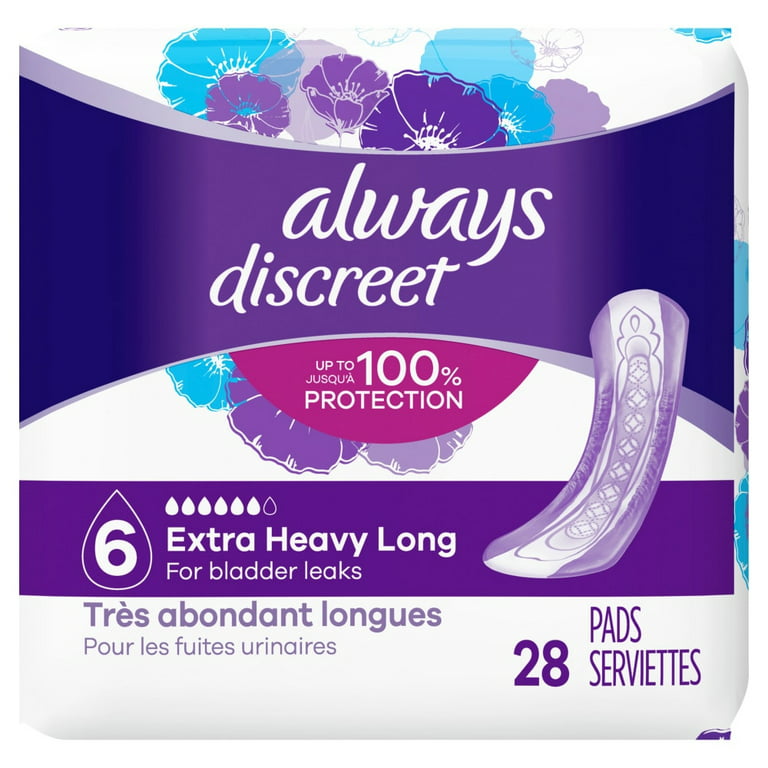 https://i5.walmartimages.com/seo/Always-Discreet-Size-6-Incontinence-Pads-For-Women-Extra-Heavy-Long-Length-28-Pads_810b8573-05ea-4f4f-ba7e-827b69ee2bb8.3205c308b338fd9bbeecc9c5e6e162ee.jpeg?odnHeight=768&odnWidth=768&odnBg=FFFFFF