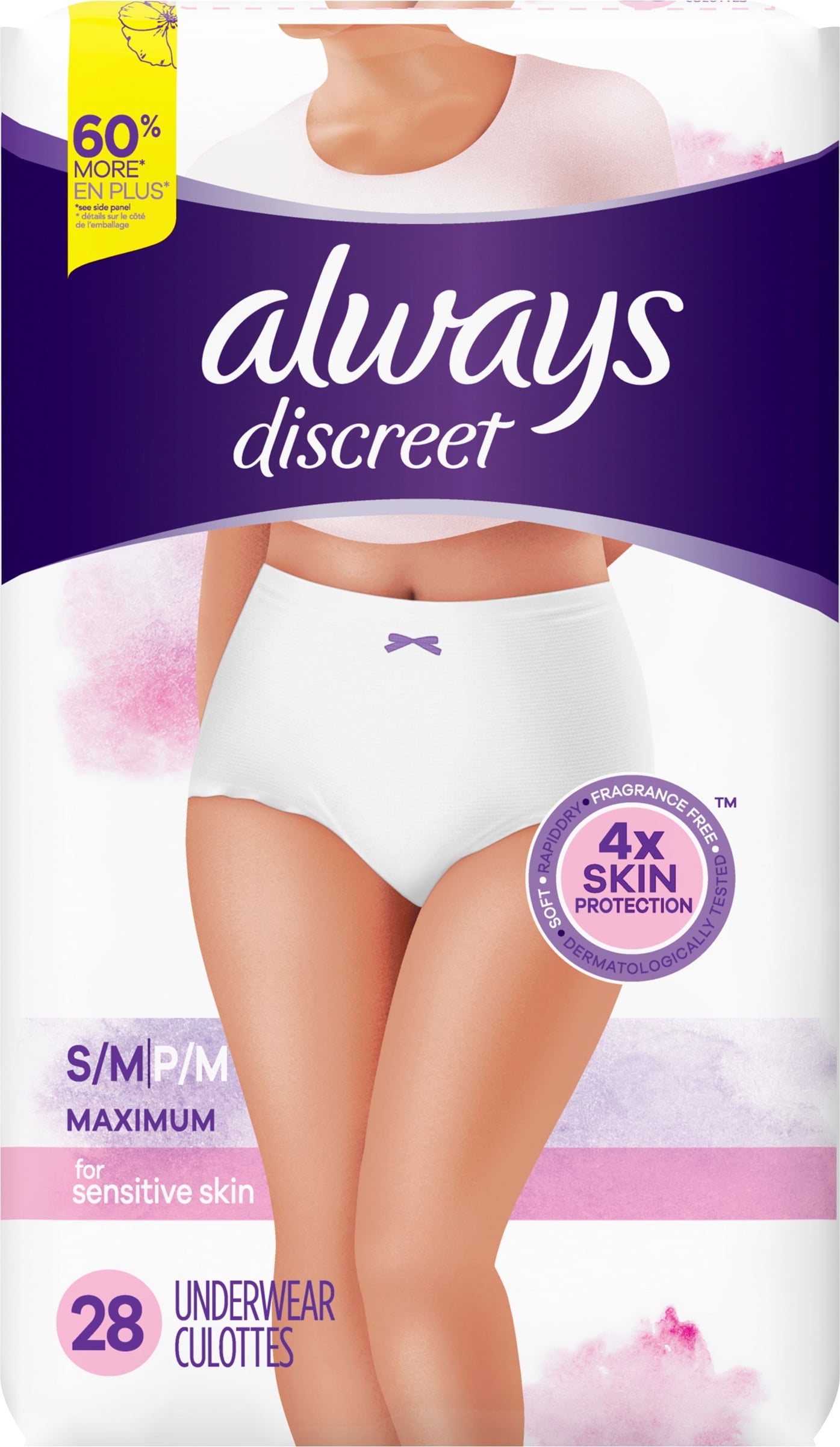 Always Discreet for Sensitive Skin Underwear S/M Maximum Plus Absorbency,  Fragrance-Free, 28 Count